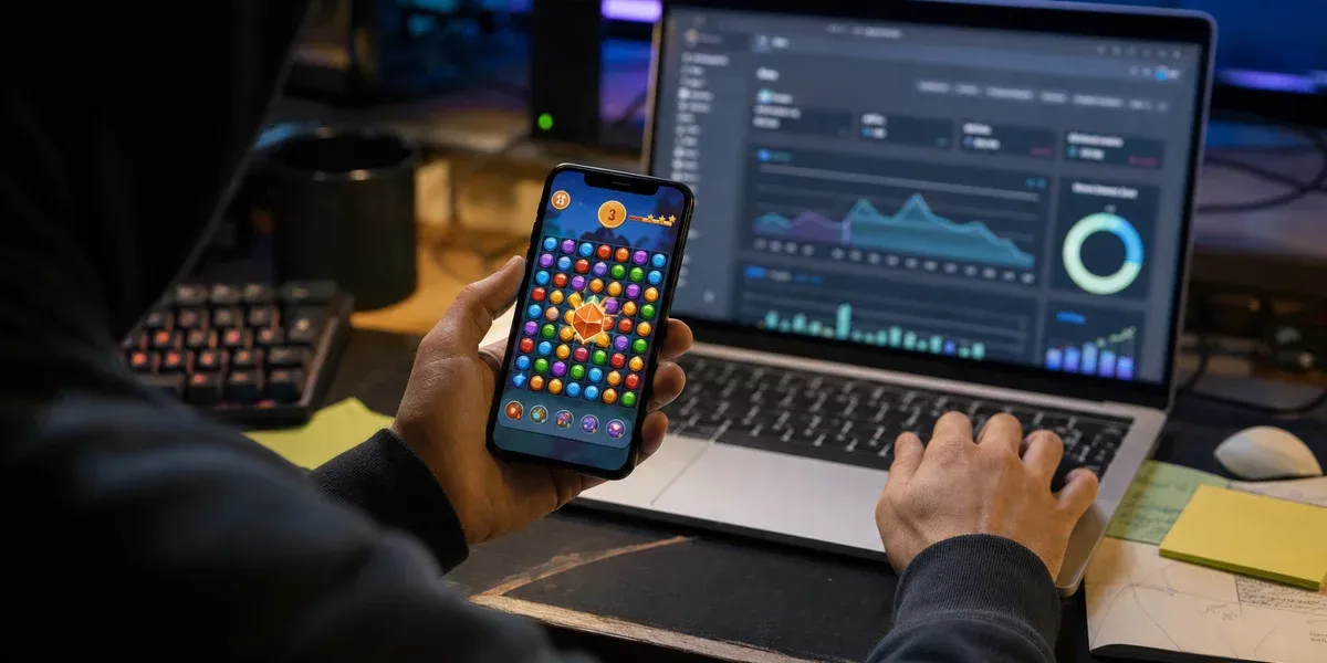 Game developer reviewing web shop with active match-3 game and revenue analytics