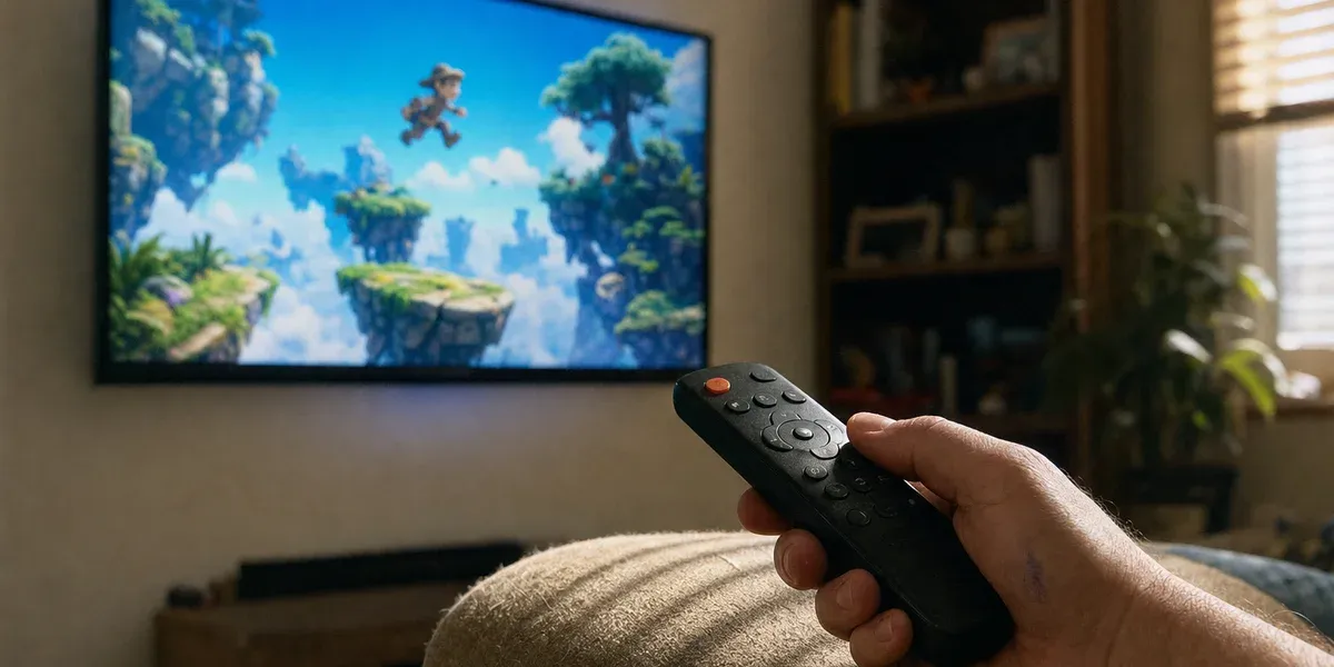 PHYND cloud gaming — Smart TV adventure platformer streamed in a sunlit living room
