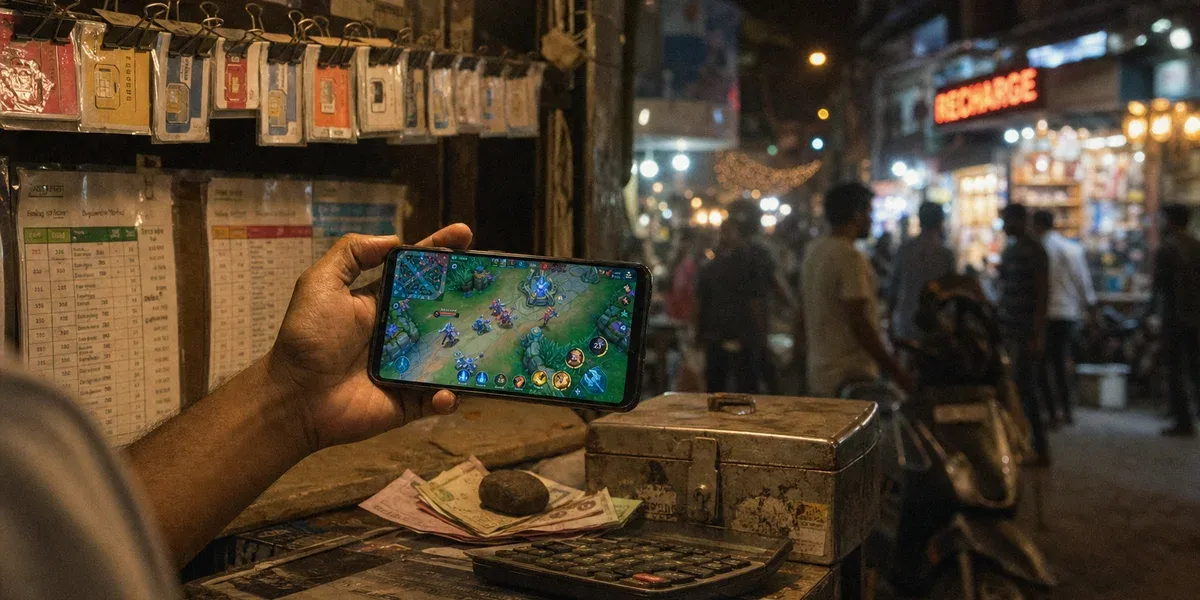 Vivo OEM distribution India — MOBA gameplay on a phone at a mobile recharge stall