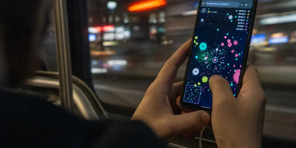 Mobile player on a night tram playing an HTML5 .io game in browser — web-native distribution 2026