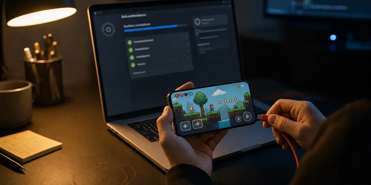 Third-party iOS marketplace checklist — developer notarizing an iPhone build at a night desk