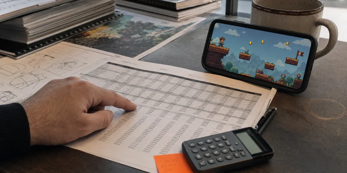 Core Technology Fee break-even math — studio finance desk with spreadsheet, calculator and mobile game