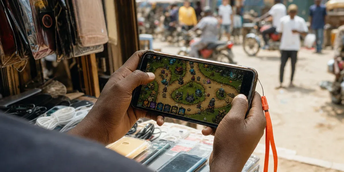 Transsion Palmstore mobile games — tower-defense on a budget phone at an African market stall